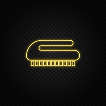 Yellow neon icon brush, cleaning. Transparent background. Yellow neon vector icon on dark background