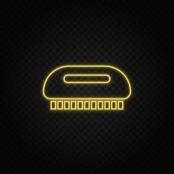 Yellow neon icon brush, cleaning. Transparent background. Yellow neon vector icon on dark background