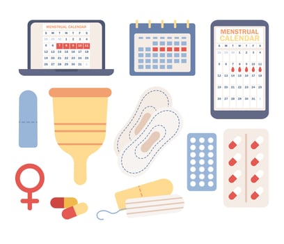 Menstruation icon set. Menstrual cycle. Female period. Various feminine hygiene products. Sanitary pad, tampon, reusable cup, pills, calendar. Vector flat illustration