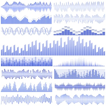 Vector set of blue sound waves. Audio equalizer. Sound and audio waves isolated on white background.