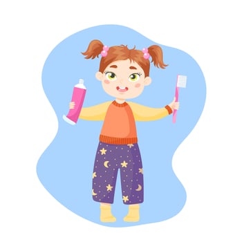 A little girl with two tails in pajamas holds a pink toothpaste and toothbrush in her hands vector