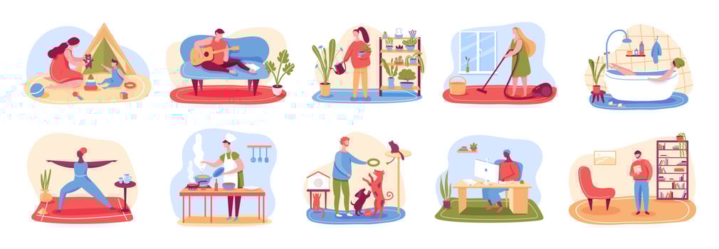 Home activities. People cleaning home, cooking, taking bath, playing with pets, practicing yoga, reading. Leisure time, relaxing indoor activity vector set