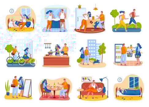 Couple daily routine. Cooking together, jogging, going on date, romantic dinner. Everyday life of man and women in relationship vector set