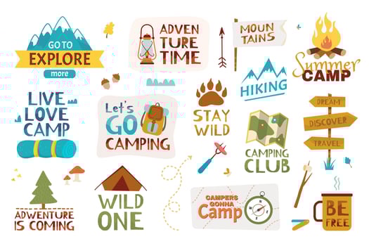 Camping lettering. Summer camp, traveling, mountain hiking. Adventure quotes and phrases with hand drawn doodle elements vector set