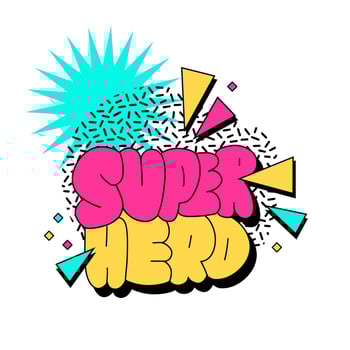 Super hero - Colorful banner with lettering bubble text in geometric elements sticker or print concept. 90s vivid poster, message in vintage vibe style. Hand drawn vector illustration.
