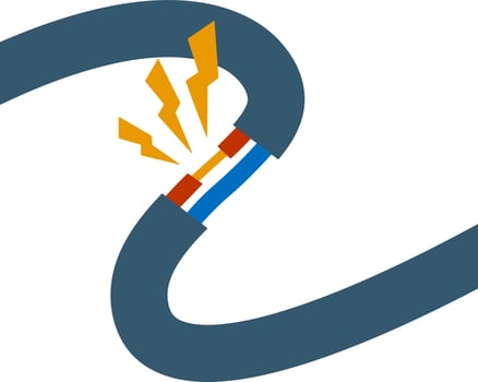 Blue damaged cable with red wire. Orange lightning and the spark. Broken line. faulty electrical appliance. Power Safety rule. Cartoon flat illustration. Electrical shock, short circuit. vector