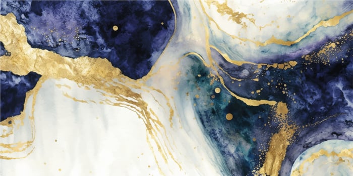 Abstract blue liquid watercolor background with golden dust. Marble alcohol ink drawing effect. Vector illustration design template for wedding invitation, menu, rsvp, banner.