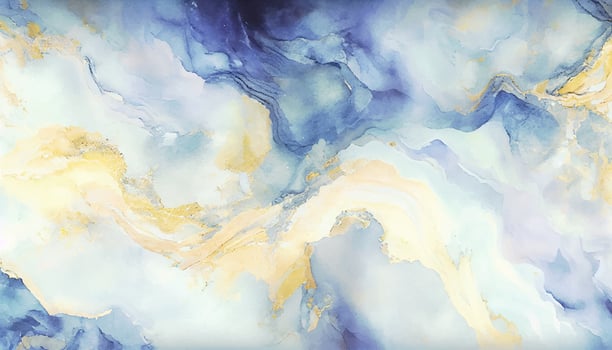 Abstract blue liquid watercolor background with golden dust. Cyan marble alcohol ink drawing effect. Vector illustration design template for wedding invitation, menu, rsvp, banner.