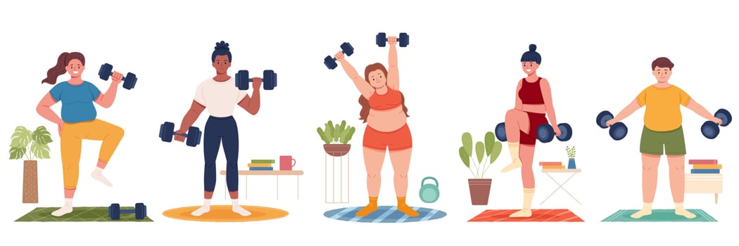 Collection of multi racial people exercising at home, home gym training concept. Flat design illustration of men and women lifting dumbbell weights indoors. vector