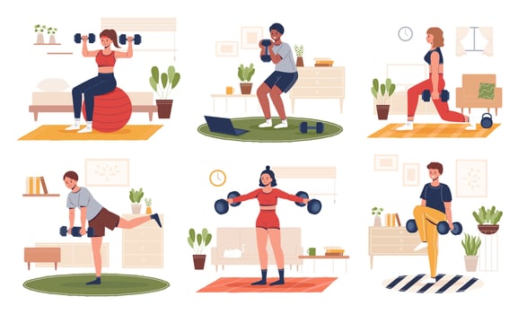 Sport at home scenes set. Different people doing workout indoors. Flat style illustration men and women using dumbbell weights to exercise at home. vector