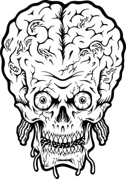 Monster zombie head skull brain black and white vector illustrations for your work logo, merchandise t-shirt, stickers and label designs, poster, greeting cards advertising business company or brands