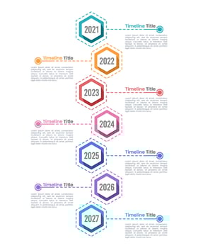 7 hexagon infographic timeline for success. 7th anniversary. Vector illustration.