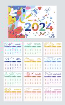 Handdrawn colorful 2024 calendar. kids drawing style vector