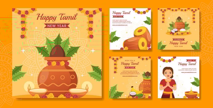 Happy Tamil New Year Social Media Post Flat Cartoon Hand Drawn Templates Background Illustration vector