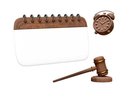 3d empty wooden calendar for marked date with judge gavel, hammer auction, clock isolated. schedule appointment, template, mockup concept, 3d render illustration png