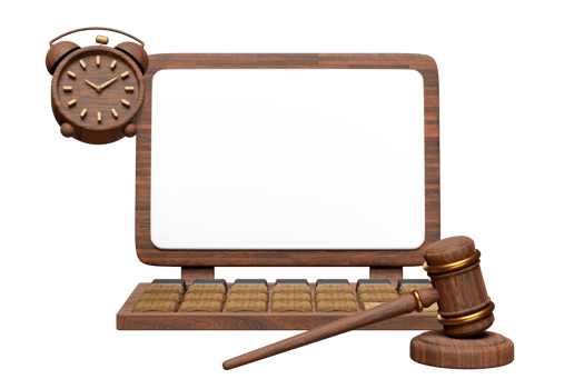 3d wooden laptop with blank computer screen, judge gavel, hammer auction, clock isolated.  template, mockup concept, 3d render illustration png