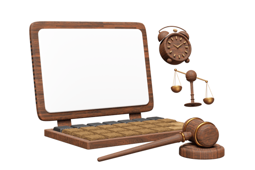 3d wooden laptop with blank computer screen, judge gavel, hammer auction, clock, justice scales isolated. template, mockup concept, 3d render illustration png