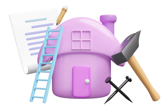 3d house toy with clipboard, pencil, checklist, hammer, nail, ladder or stairs isolated. repair maintenance concept, 3d render illustration png