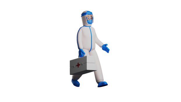 3D illustration. Tough Paramedic 3D Cartoon Character. Paramedic use hazmat and carry complete medical equipment. Paramedic in walking pose. Paramedic head to hospital. 3D cartoon character png