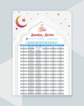 ramadan calendar - ramadan schedule - ramadan iftar time - islamic calendar design vector