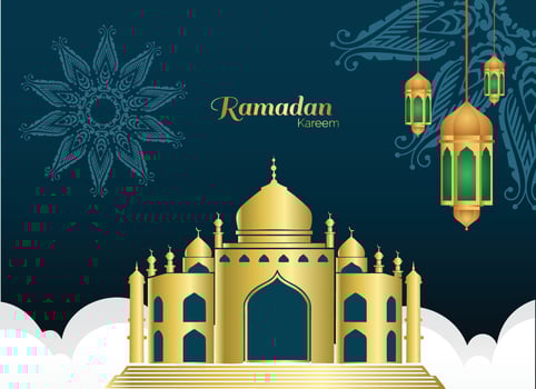 ramadan kareem with golden mosque and lamp with navy background vector