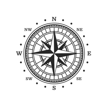 Old compass wind rose or star, nautical travel vector