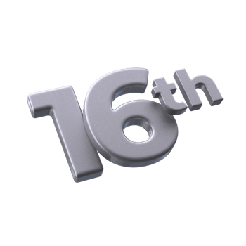 Number 16th 3D rendering with Silver color png