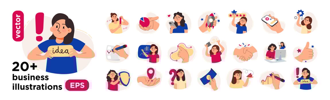 Vector illustrations of digital marketing with characters. The concept of a business idea, startup, organization, brainstorming. Mega set isolated on a white background
