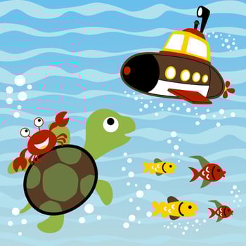 vector cartoon of submarine undersea with cute marine animals