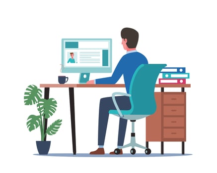 Young man working on computer vector