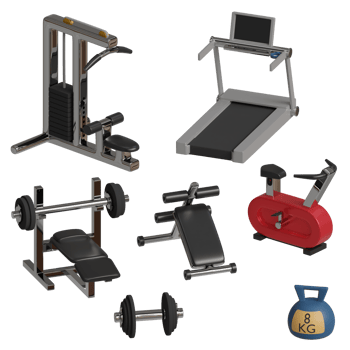 3d rendered fitness set includes treadmill, benchpress, barbell, kettlebell, lat pulldown machine, abdominal bench and Indoor cycling bike png