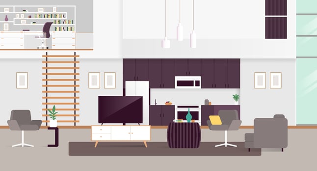 Large living room with stylish and modern furniture, kitchen, office room on the second floor vector