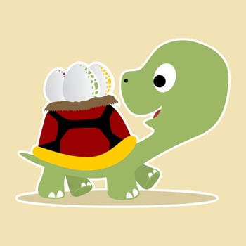 Cute turtle carrying eggs on its back, vector cartoon illustration