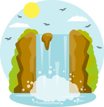 Waterfall on the mountain. Rocks and water. Tropical island. Summer season, Southern landscape. Cartoon flat illustration. Pond and lake. Water falls down vector