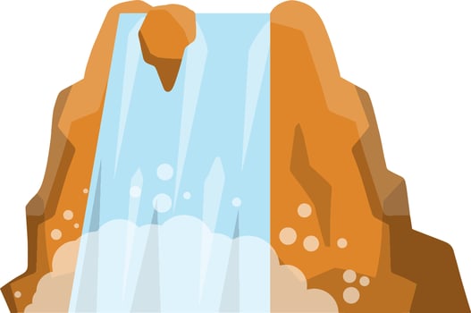 Waterfall on the mountain. Rocks and water. Tropical island. Summer season, Southern landscape. Cartoon flat illustration. Pond and lake. Water falls down vector
