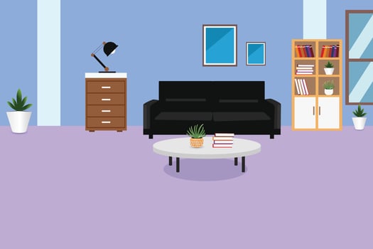 Home living room interior with Comfortable sofa and bookcase Vector flat illustration