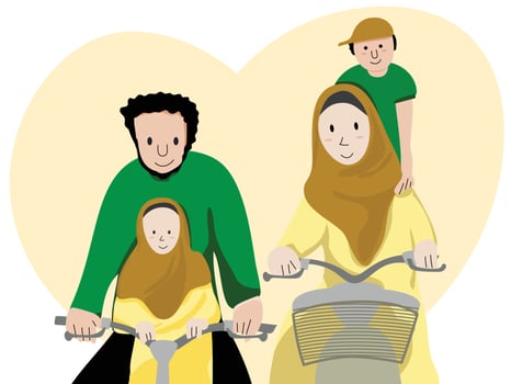 Muslim family riding bicycle spending time together vector