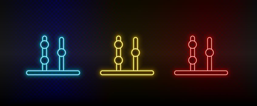 Neon icons, abacus, counting. Set of red, blue, yellow neon vector icon on darken transparent background