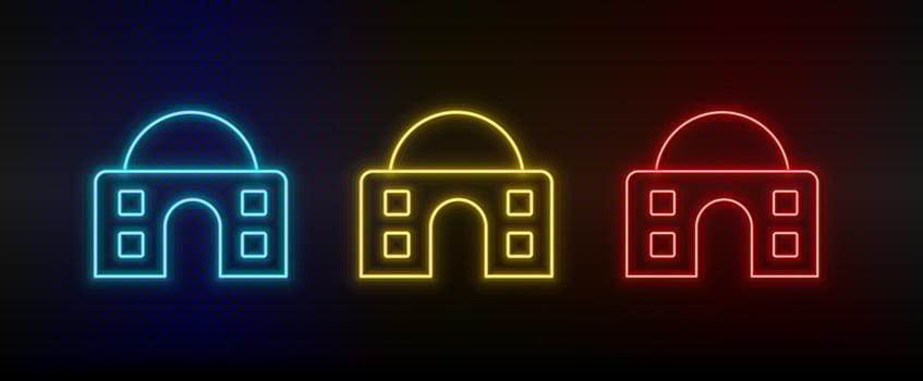 Neon icons, building, college. Set of red, blue, yellow neon vector icon on darken transparent background
