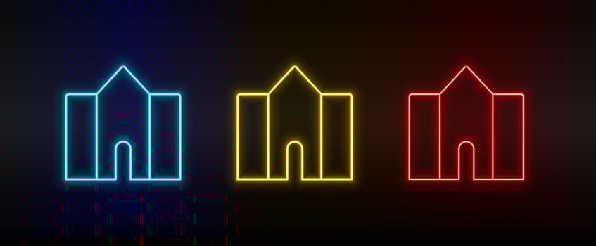 Neon icons, building, college. Set of red, blue, yellow neon vector icon on darken transparent background