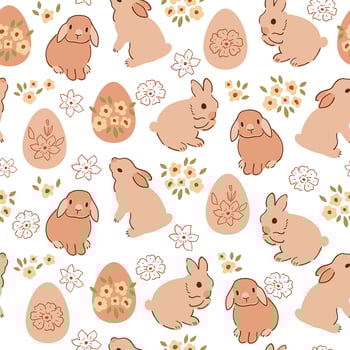 Easter floral rabbit bunny, eggs seamless pattern in beige color. Pastel spring Easter holiday repeat background, cute cottagecore surface design. Sweet hand drawn bunnies. Naive vector illustration