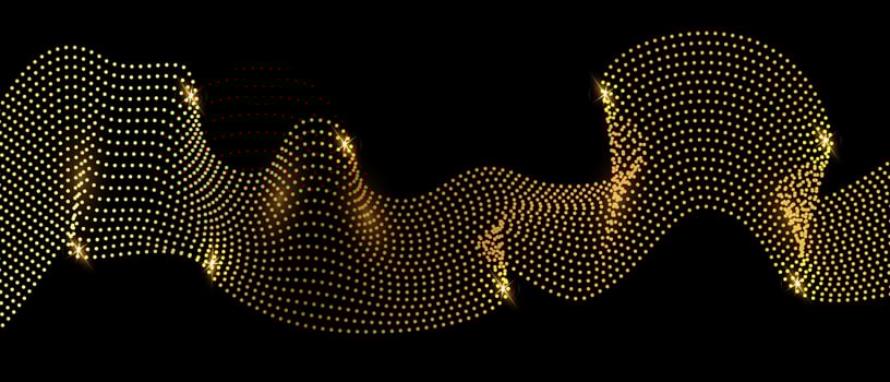 Add a touch of glamour to your designs with our vector illustration of an abstract background featuring a shimmering gold wave pattern made of dots on a black background.