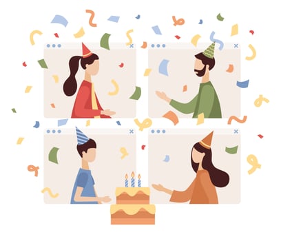 Online birthday party. Meeting friends. Video conference. Video call. Celebrating, fun time at home. Vector flat illustration