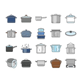 pot kitchen food pan cooking icons set vector