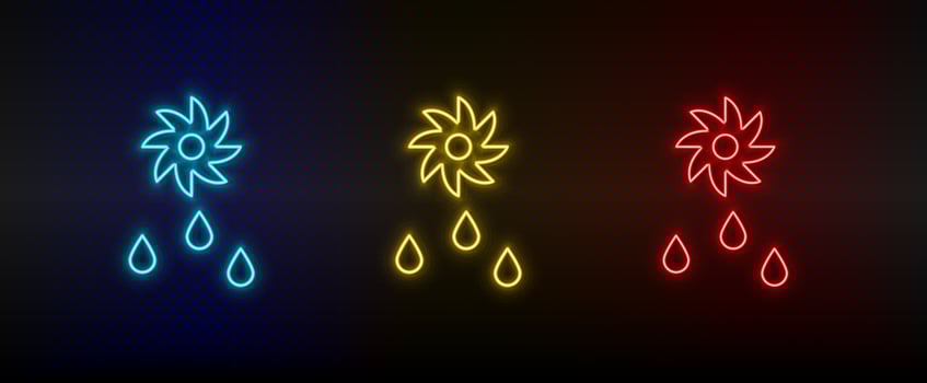 Neon icon set drops, saw, eco. Set of red, blue, yellow neon vector icon on transparency dark background