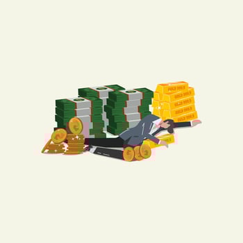 Businessman swooning with money and gold success or greedy illustration concept vector