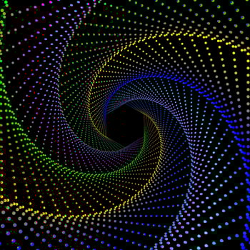 Colorful dotted spiral vortex wave vector background. Blue, yellow, green, cyan, and pink swirl pattern dots warp effect.