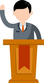 Presidential election. Man politician stand behind the podium. Male speech. Lecturer in a suit. Cartoon flat illustration. Blue candidate. Debate and discussion vector