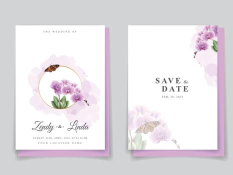 minimalist wedding invitation card with orchid illustration vector