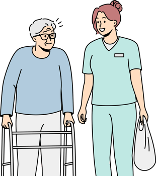 Health care worker helps elderly disabled person with walking frame. png